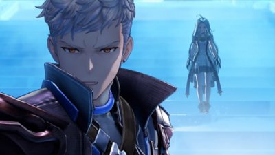 Granblue Fantasy Relink screenshot showing a white-haired male character in the foreground and Lyria standing in the background