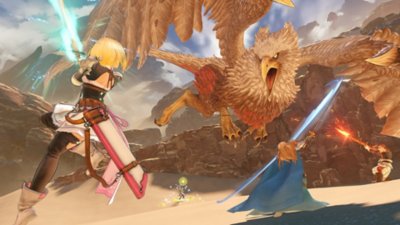 Capture d'écran de Granblue Fantasy Relink montrant un groupe de quatre personnages affrontant un ennemi semblable à un griffon géant