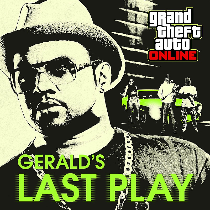 Grand Theft Auto Online - Gerald's Last Play Key Art showing Gerald in glasses, a hat and a large gold chain around his neck