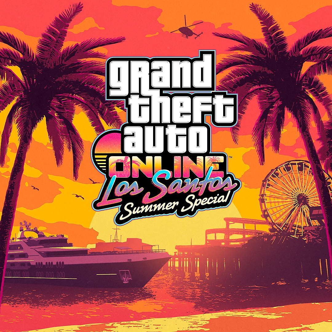 Grand Theft Auto Online - Especial de Verão de Los Santos - Arte principal mostrando uma vista do pôr do sol com palmeiras em uma praia, com um iate e um píer ao fundo