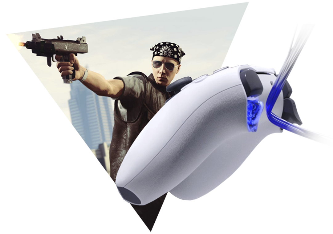 GTAV - Illustrazione PS5 che mostra grilletti adattivi insieme a un motociclista che punta un'arma, il tutto incorniciato dal triangolo di PlayStation
