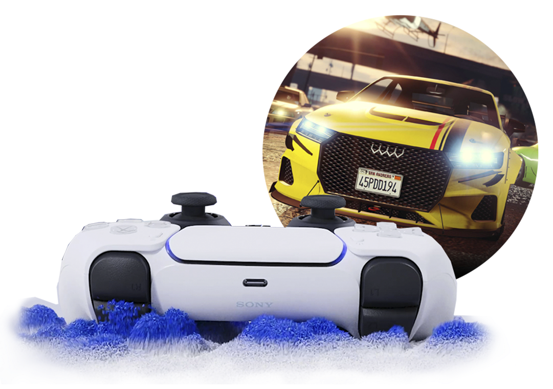 GTAV PS5 – grafika z cechami, przedstawiająca efekty dotykowe, zawierająca samochód podczas wyścigów ulicznych, otoczony kształtem kółka PlayStation