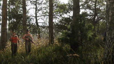 Grand Theft Auto VI screenshot showing two characters hunting in a woodland area