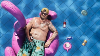 Grand Theft Auto VI screenshot showing Cal relaxing at a swimming pool