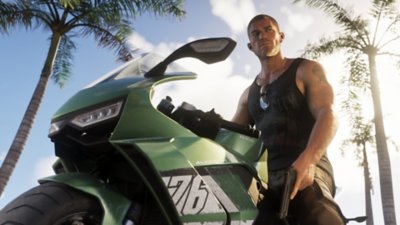 Grand Theft Auto VI screenshot showing Jason on a green motorbike