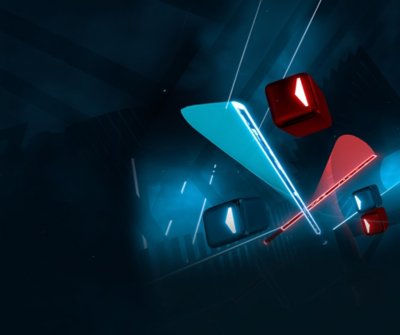 Glavna ilustracija igre Beat Sabre koja prikazuje dva užarena mača i nekoliko blokova u boji.