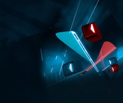 Beat Saber - arte principal com duas espadas a brilhar e vários blocos coloridos.