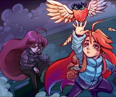 Celeste - arte principal que mostra Madeleine, a personagem principal, desenhada à mão, a tentar agarrar um morango voador