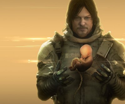 Death Stranding Director's Cut - Illustration principale montrant Sam Porter Bridges tenant un Bridge Baby sur un fond orange pâle.