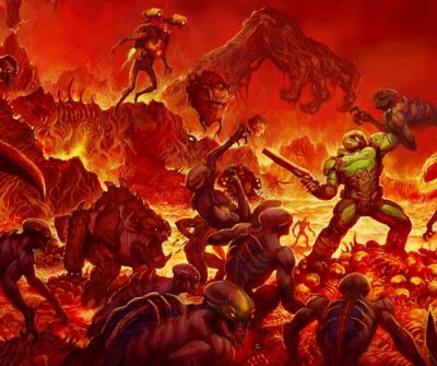DOOM key art featuring a hand drawn depiction of the DOOM Slayer fighting demons in a fiery pit