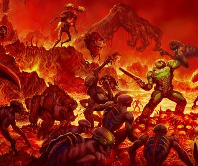 DOOM – Key-Art mit einer handgefertigten Zeichnung des DOOM-Slayers, wie er in einer feurigen Grube gegen Dämonen kämpft