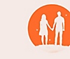 Everybody's Gone to the Rapture – Key-Art mit weißen Silhouetten eines Mannes und einer Frau vor einem orangen Kreis