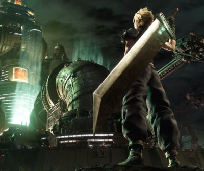 Final Fantasy VII Remake - Illustration montrant Cloud, le personnage principal, devant le quartier général de Shinra.