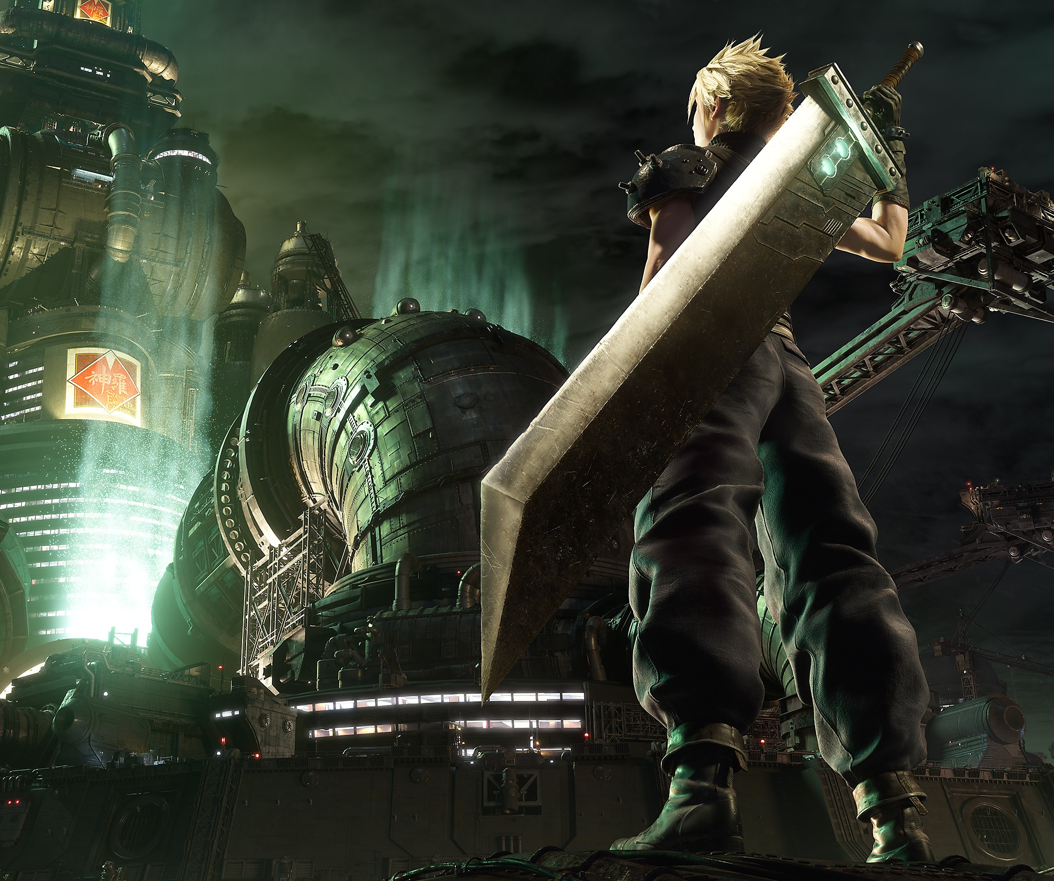 A Final Fantasy VII Remake fő grafikája a főszereplő Cloudot ábrázolja a Shinra főhadiszállás előtt.