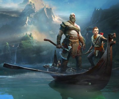 Иконографско изображение на God of War с участието на Кратос и Атрей на борда на малка дървена лодка с гребла на Езерото на деветте.