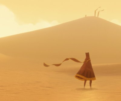 Иконографско изображение на Journey с главния герой „Пътешественикът“ стоящ в обширна, огрявана от слънцето пустиня.
