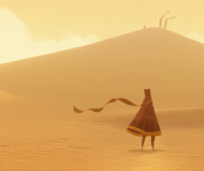 Journey key art featuring main character 'The Traveller' stood in sprawling, sunlit desert.