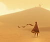 Journey – Ilustrație oficială cu personajul principal, „The Traveller”, care stă în deșertul scăldat în lumina soarelui.