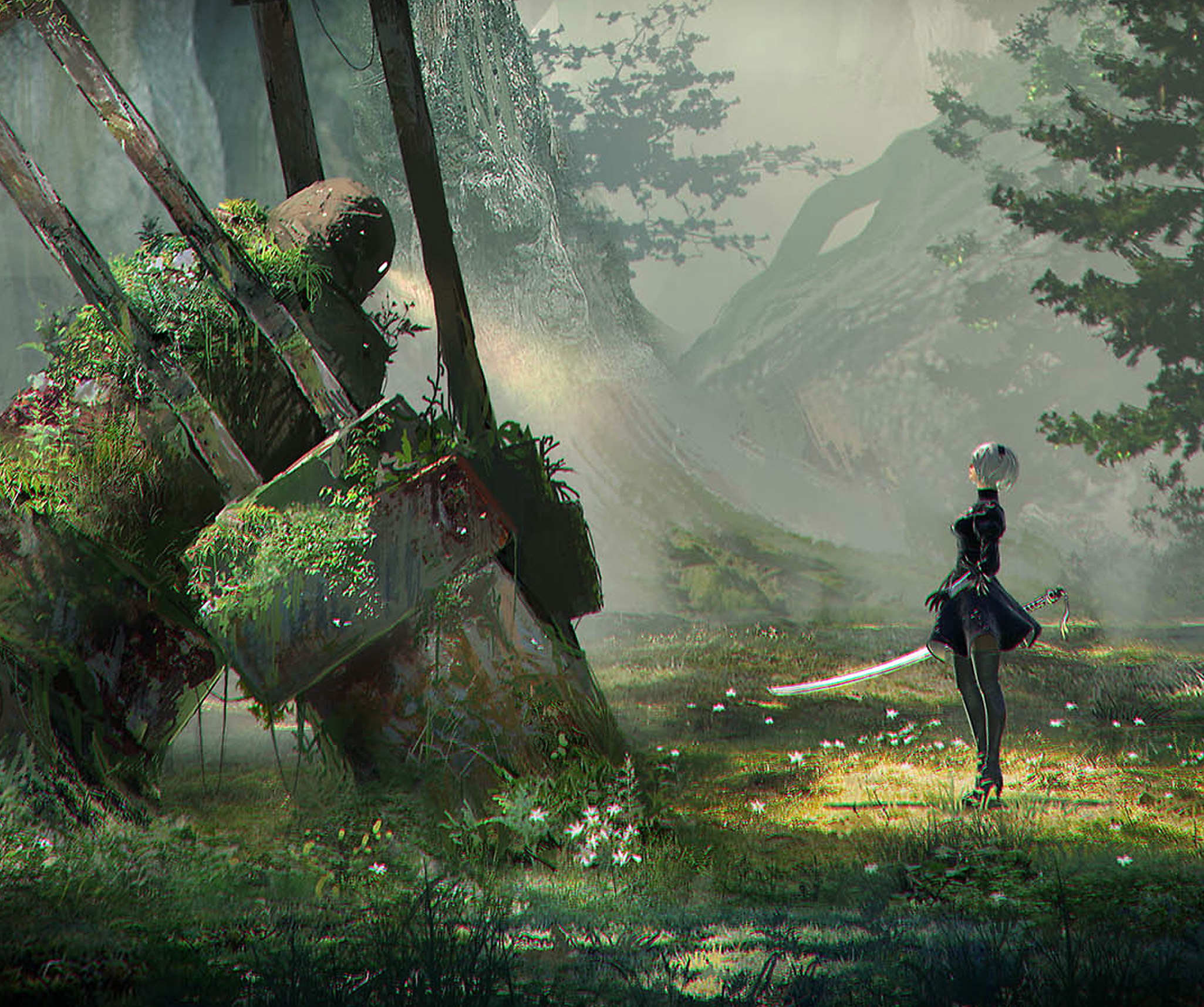 NieR: Automata key art featuring main character 2B facing a large moss-covered robot.