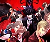 Persona 5-nøglegrafik, der viser et gruppebillede af hovedpersonerne på en rød baggrund.