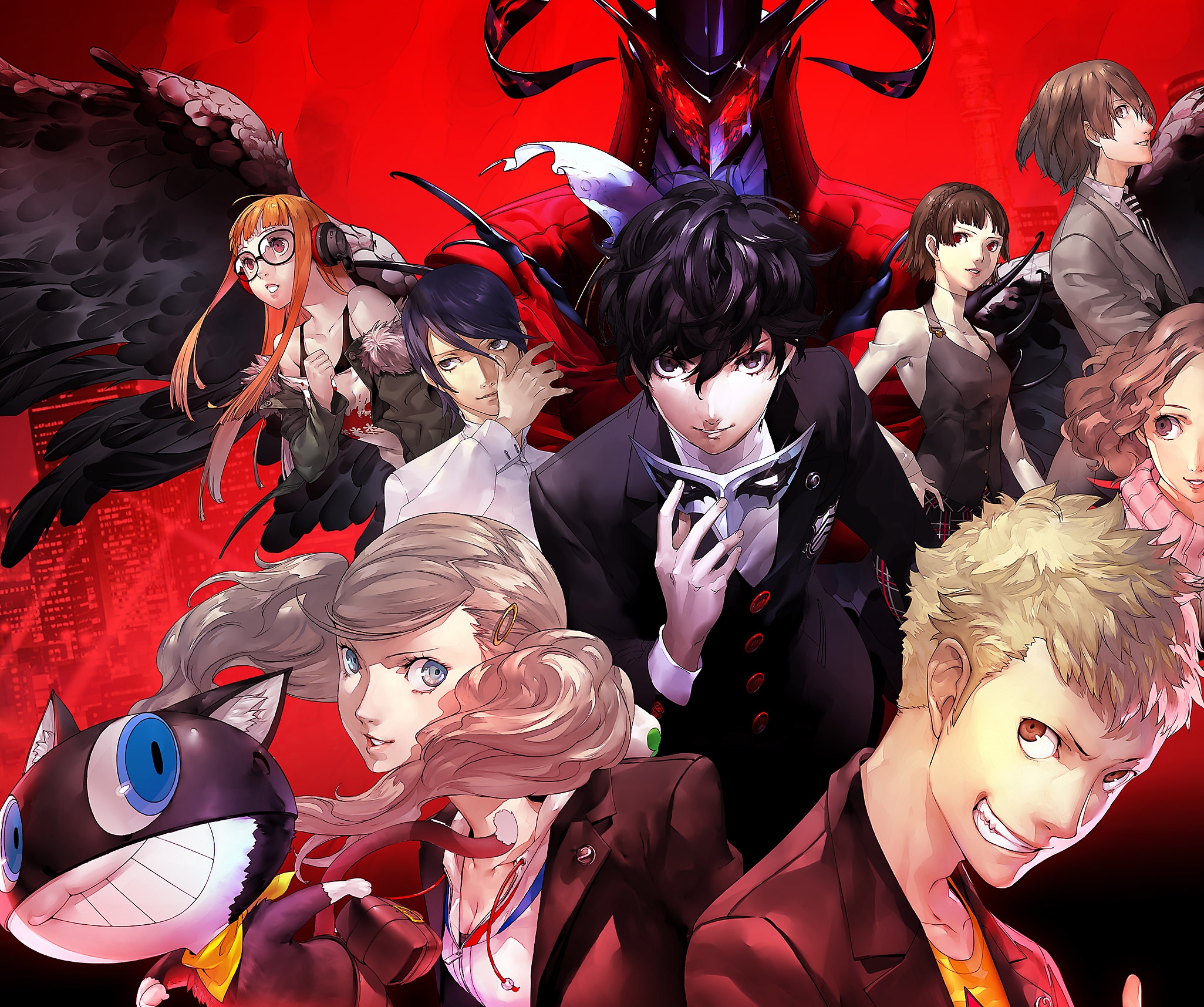 Persona 5-afbeelding van een groep hoofdpersonages tegen een rode achtergrond.