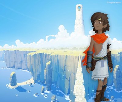 RiME key art featuring the main character superimposed against an imposing, cloud-covered island.