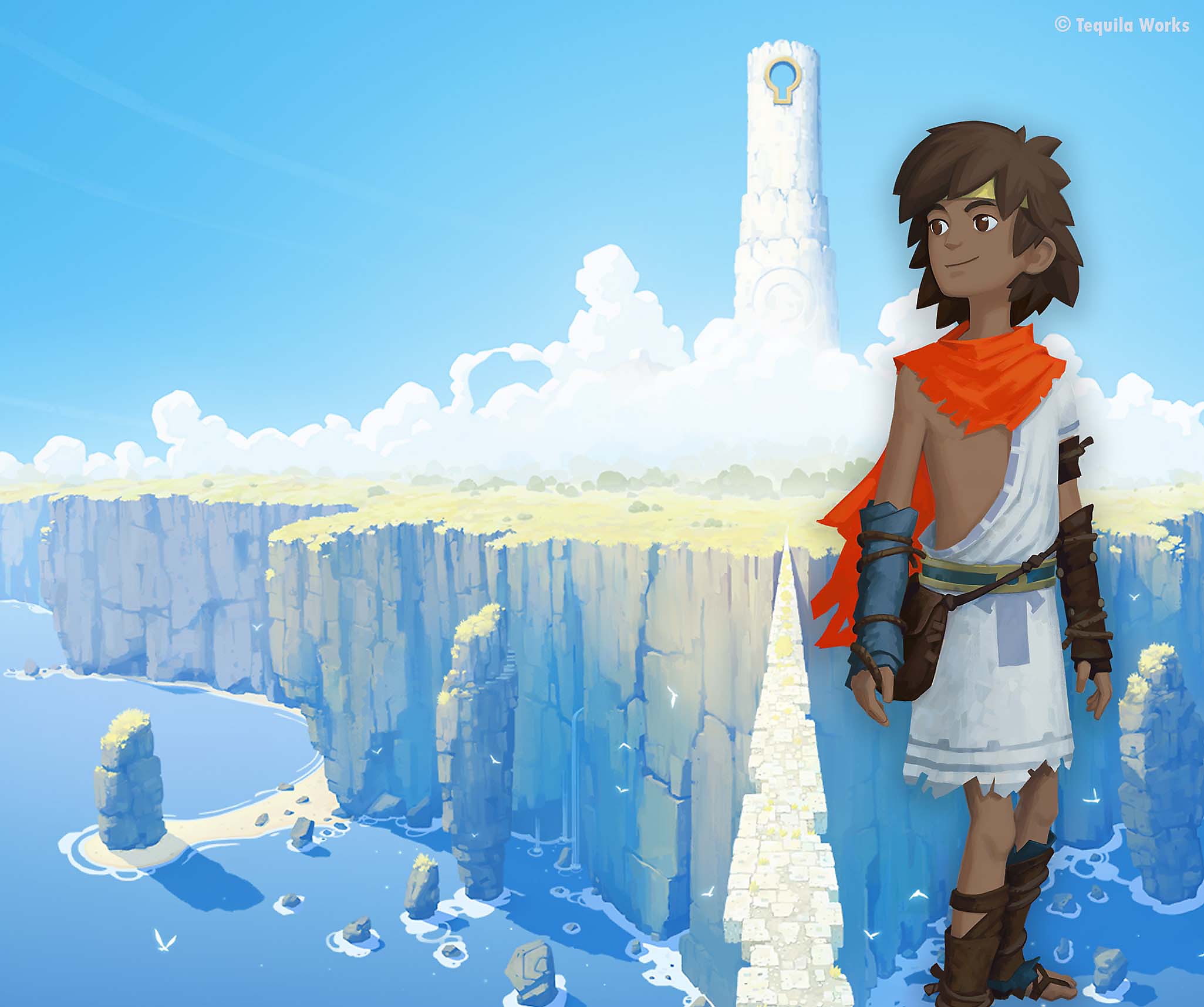 Arte guía de RiME que presenta al protagonista superpuesto frente a una imponente isla cubierta de nubes.