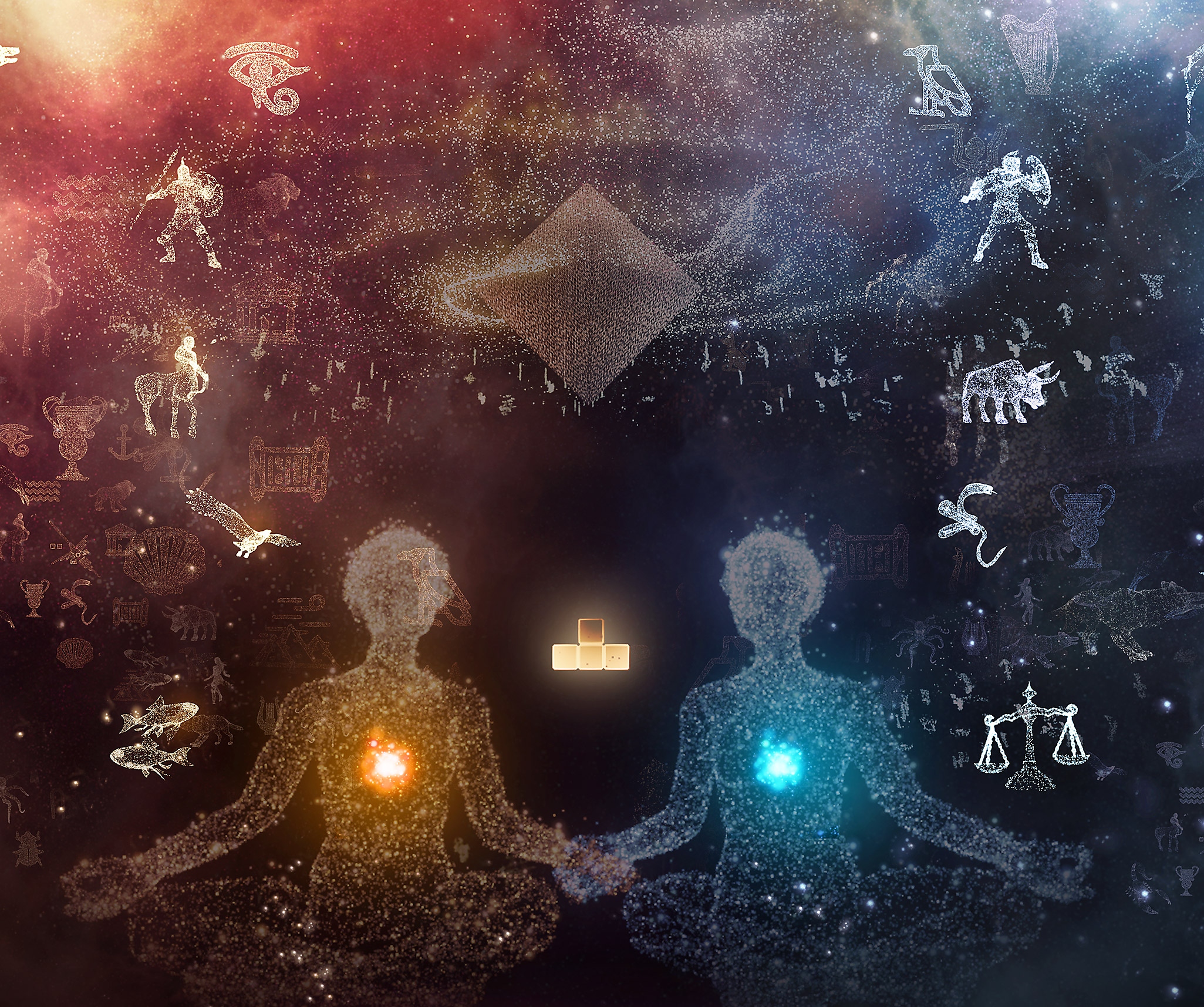 Tetris Effect Connected key art featuring a particle-style rendition of two characters sitting cross legged and holding hands.