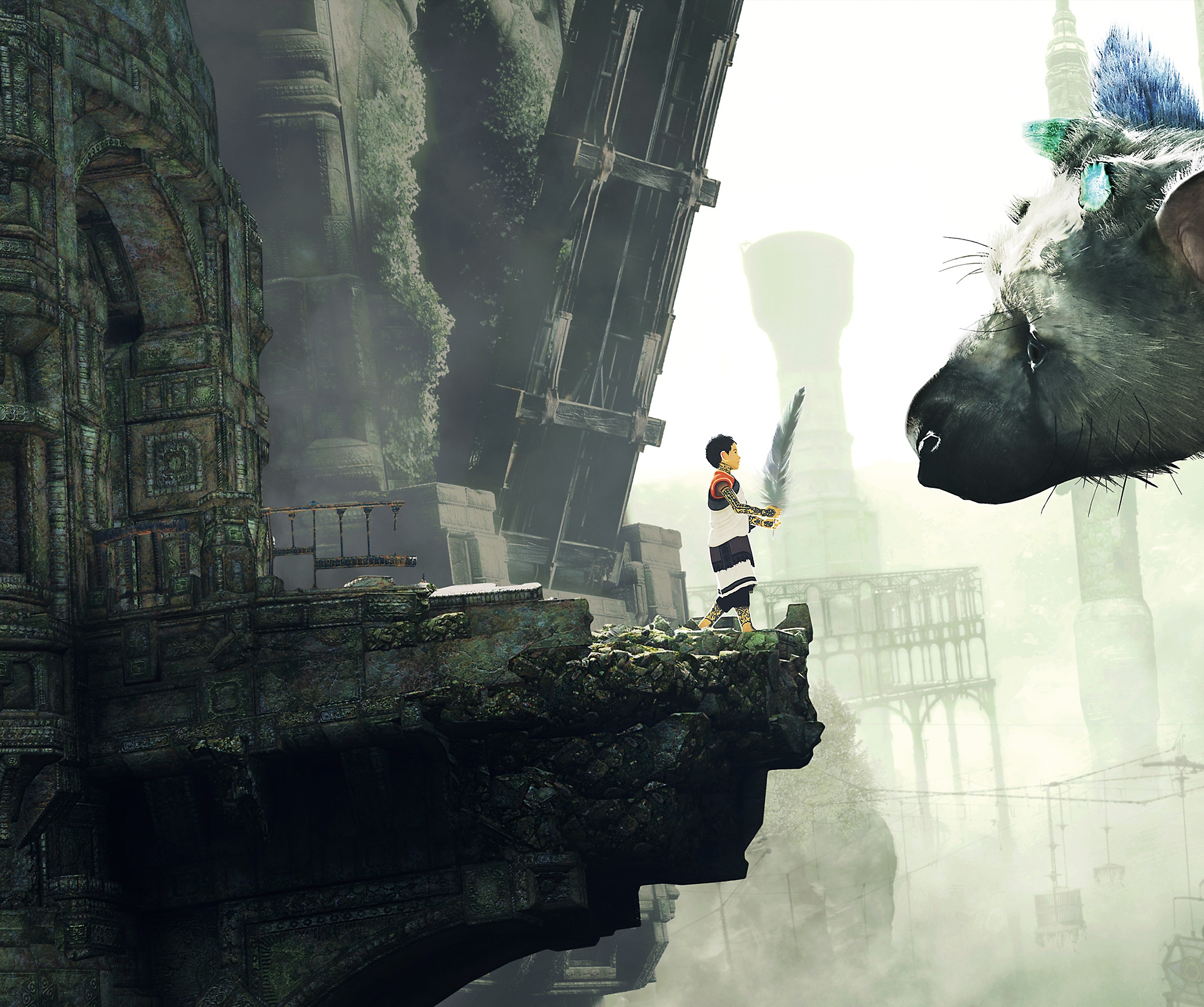 The Last Guardian key art featuring the main character holding up a large feather to his companion Trico.
