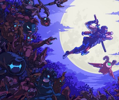 The Messenger - arte principal que mostra uma imagem desenhada à mão de um ninja a erguer-se perante um céu iluminado pelo luar.