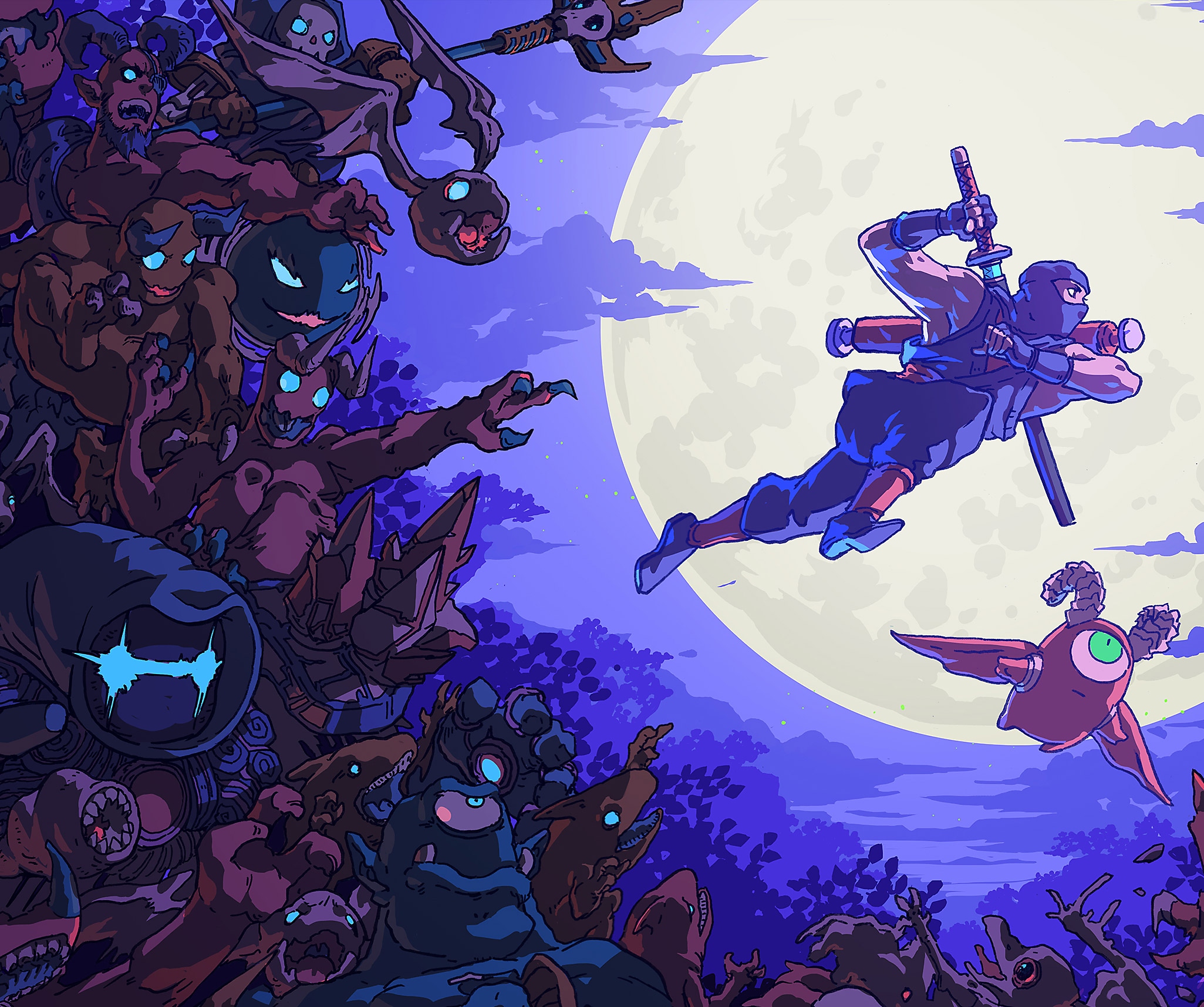 The Messenger – promotaidetta jossa on käsinpiirrettyä kuvitusta ninjasta liitämässä kuun valaisemalla taivaalla.