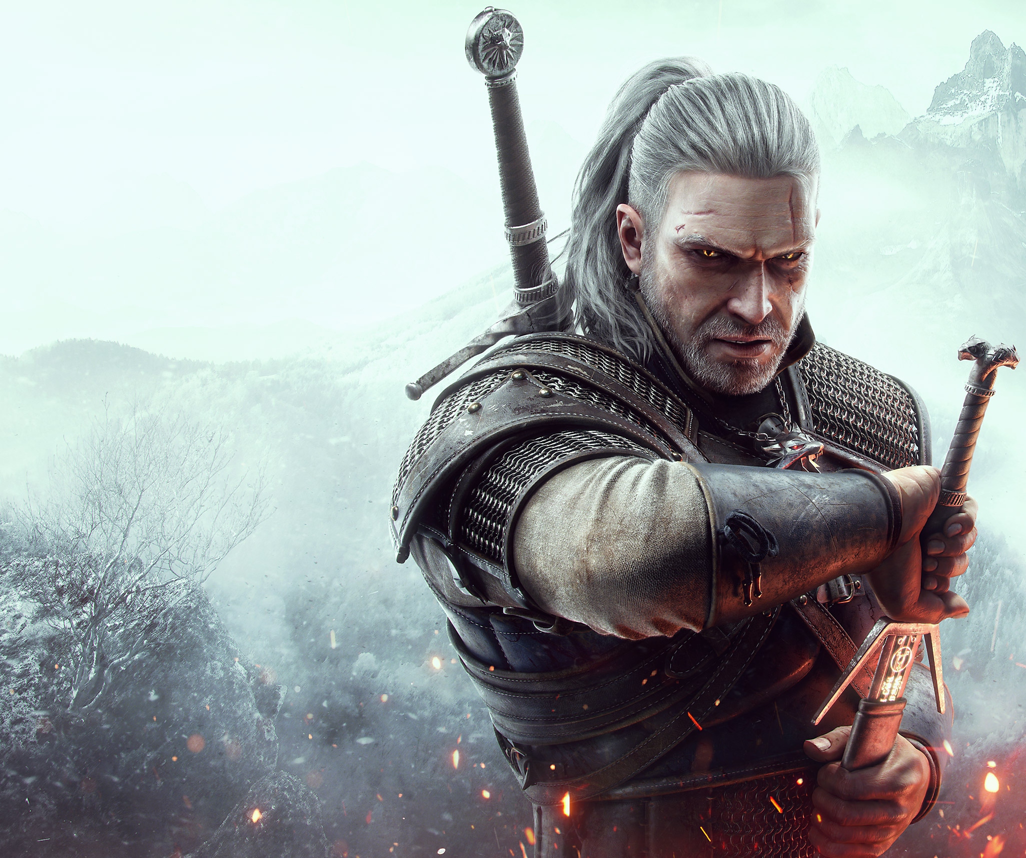 صورة فنية أساسية من The Witcher 3 تظهر فيها الشخصية الرئيسية Geralt of Rivia يخرج سيفه.