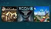 Key-art van de beste strategiegames op PlayStation met Voice of Cards: The Isle Dragon Roars, XCOM 2 en Planet Coaster: Console Edition 