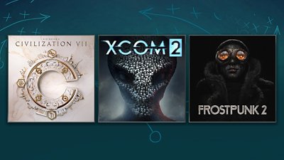 Best strategy games promotional artwork, featuring key art from Civilization VII, XCOM 2 and Frostpunk 2