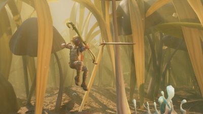 Снимок экрана из игры Grounded с изображением ребёнка, стреляющего из лука шипом от растения