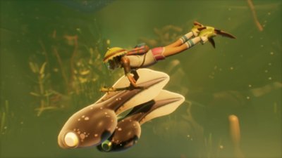 Снимок экрана из игры Grounded с изображением ребёнка, плавающего с головастиками