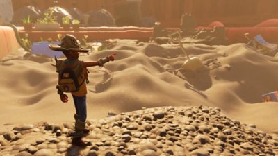 Grounded screenshot showing a child looking over a sandbox, which is the size of a desert.