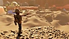 لقطة شاشة من لعبة Grounded تعرض طفلًا ينظر إلى صندوق رمل يبدو بحجم صحراء.
