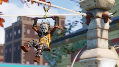 Grounded screenshot showing a child using makeshift objects as a zipline.