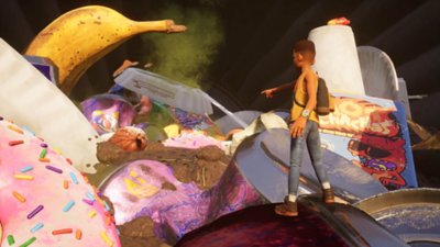 Снимок экрана из игры Grounded с изображением ребёнка, показывающего на кучу мусора