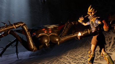 Снимок экрана из игры Grounded с изображением ребёнка, столкнувшегося с гигантским пауком