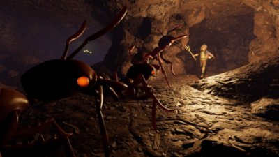 Снимок экрана из игры Grounded с изображением ребёнка, столкнувшегося в тоннеле с муравьями