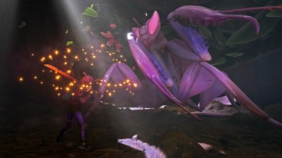 Екранна снимка на Grounded, показваща дете, което се бори с лилава богомолка.