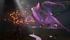 Captura de pantalla de Grounded de un niño luchando contra una mantis religiosa púrpura.