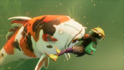 Grounded screenshot showing a child battling underwater with a koi carp.