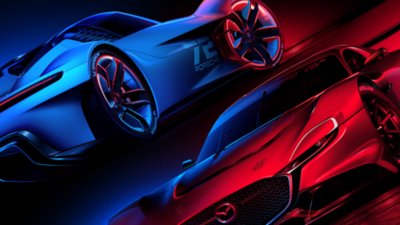 Póster de Gran Turismo 7 que muestra coches conceptuales de GT iluminados por una luz roja y azul