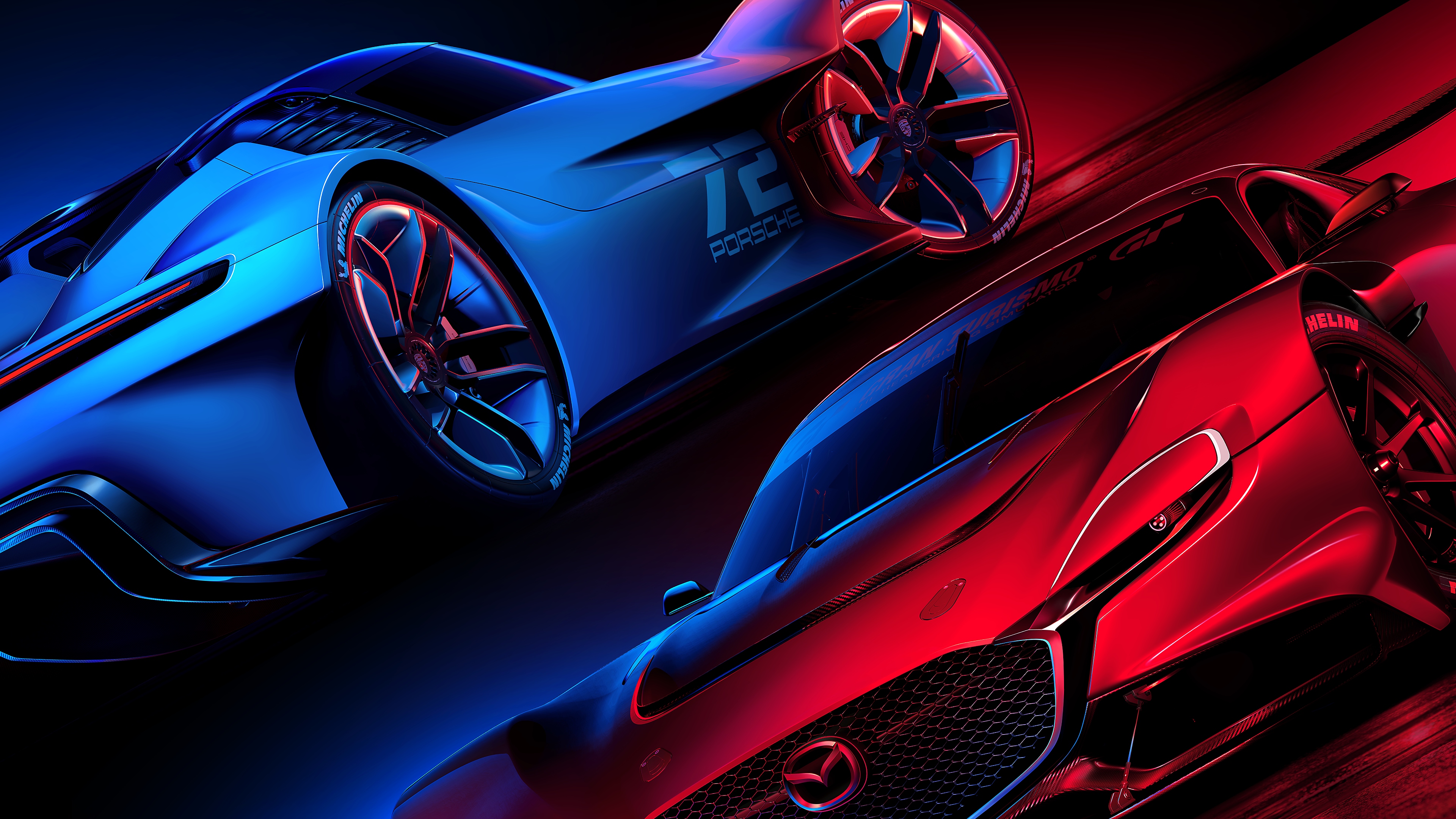Gran Turismo 7 εικαστικό προώθησης σε κόκκινο και μπλε