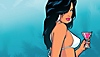 Klíčová grafika ke hře Grand Theft Auto: Vice City se stylizovaným obrázkem ženy pijící koktejl.