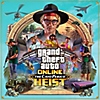 Arte principal de Grand Theft Auto Online: The Cayo Perico Heist que muestra una colección de personajes y vehículos