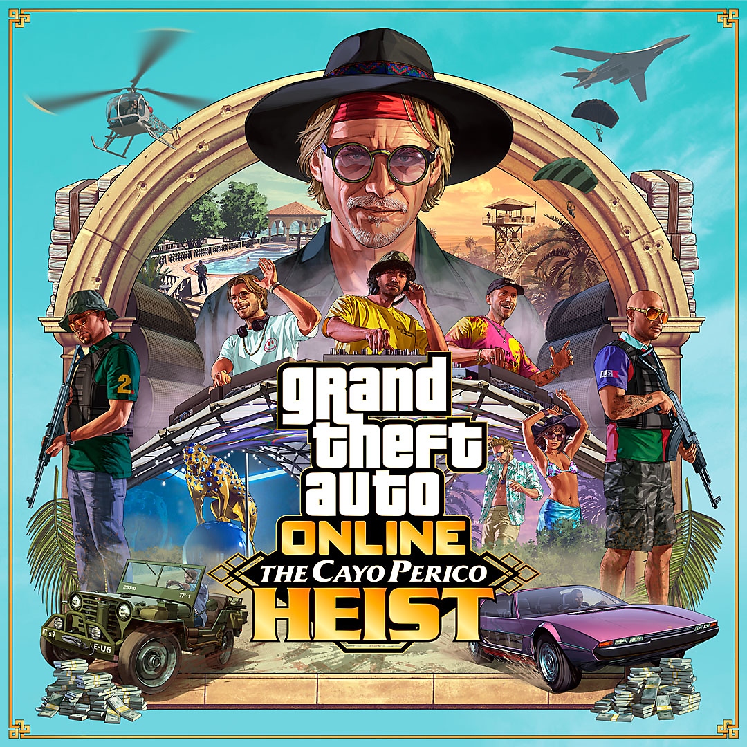 Arte principal de Grand Theft Auto Online - Golpe a Cayo Perico, con un montaje de personajes y vehículos